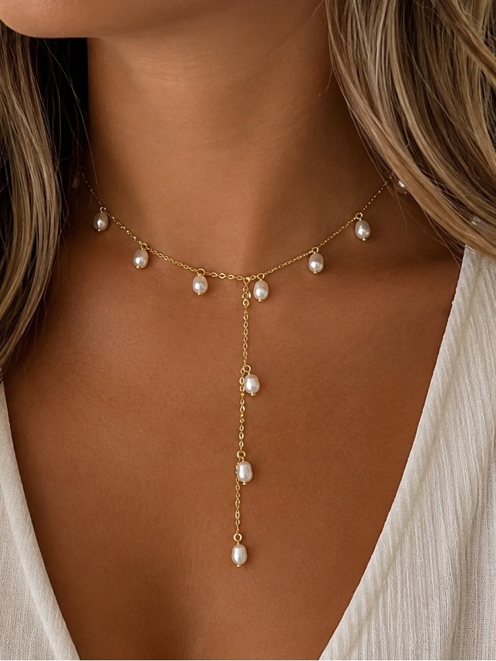 18K Gold Plated Freshwater Pearl Lariat Drop Necklace